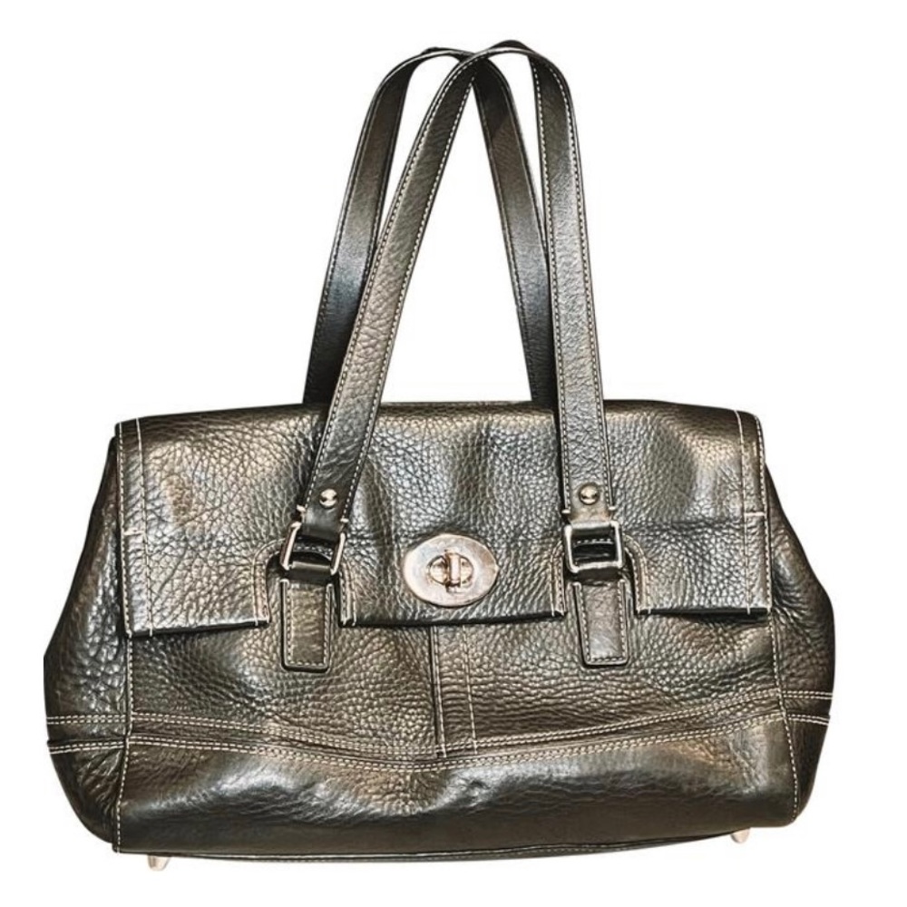 VNTAGE COACH HAMILTON SATCHEL BLACK PEBBLED LEATHER W/ FLAP & SILVER HARDWARE